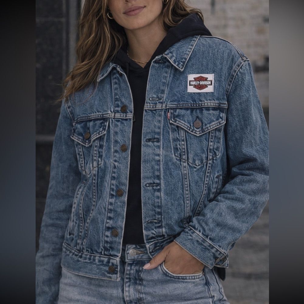 Vintage Levi Harley Davidson Reworked Upcycled Trucker Denim Jean Jacket - Picture 2 of 8